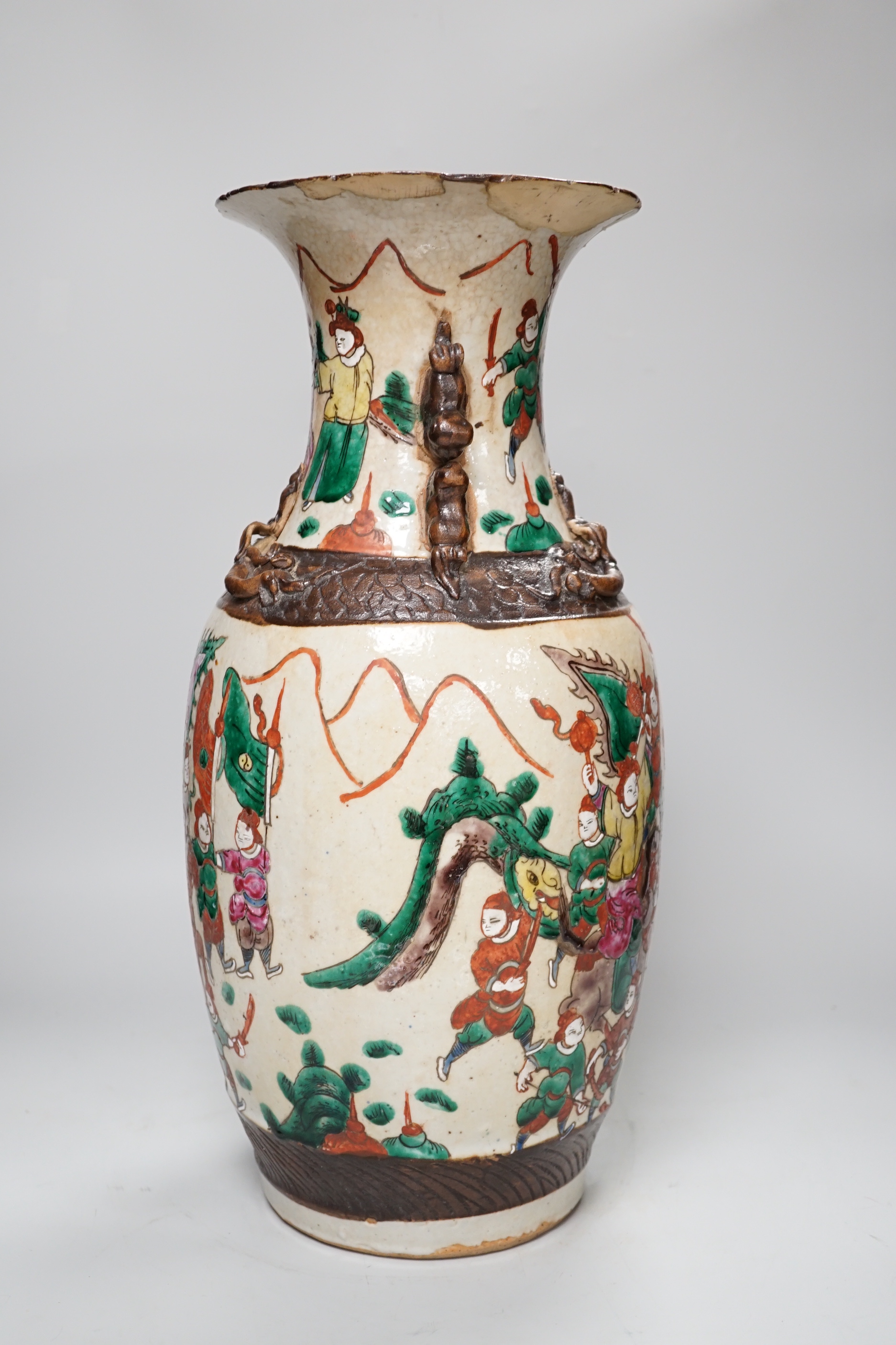A Chinese crackleglaze famille rose 'Warriors' vase, early 20th century, 44cm